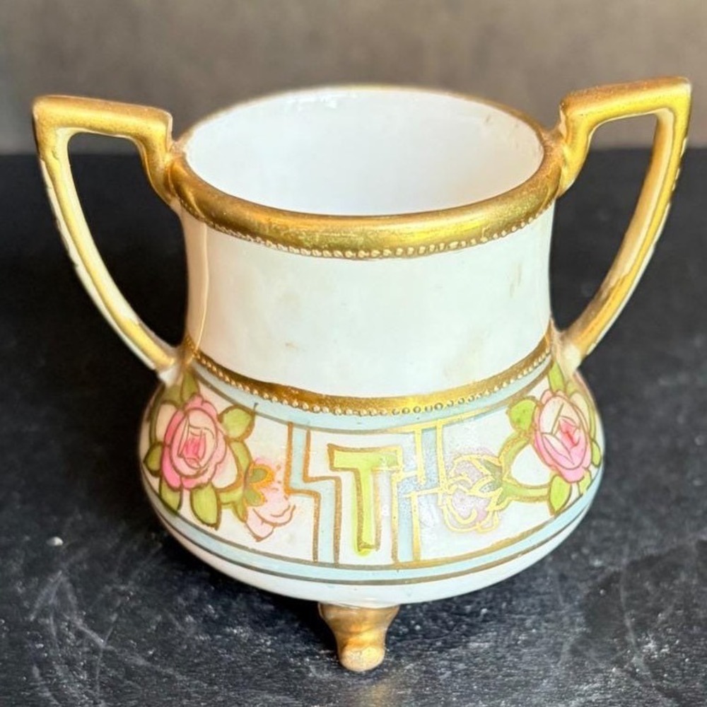 Antique RC Nippon Hand Painted‎ Porcelain Rose Floral Moriage Tripod Mini Urn